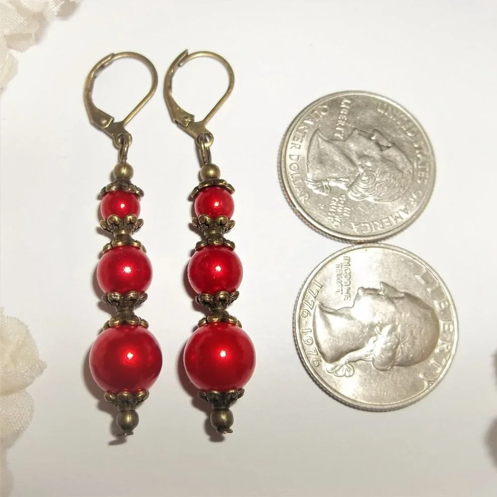 Pearl Earrings, Red and Bronze, Dangle and Drop, Fashion Jewelry Accessory 7394 - Picture 2 of 8